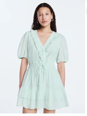 Ruffle V-Neck Mint Mini Dress with Drawstring Waist